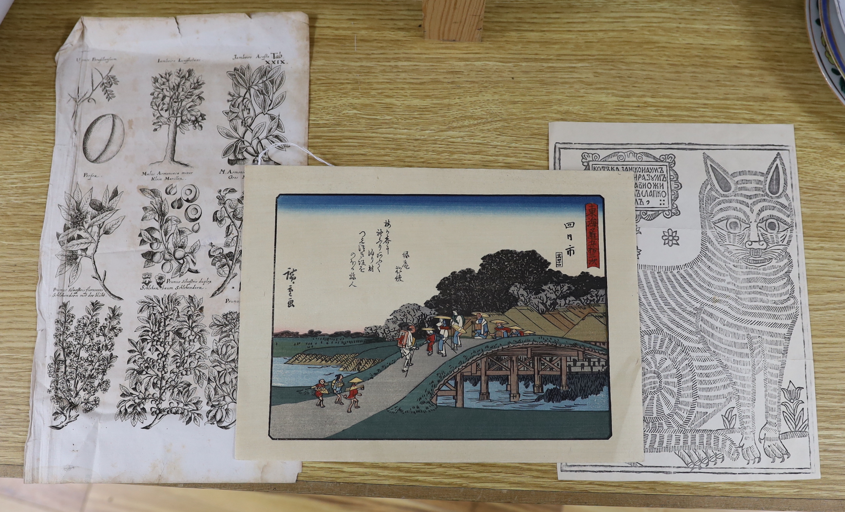 After Utagawa Hiroshige (Japanese, 1797-1858), woodblock print, Yokkaichi, with an antique botanical engraving and a Russian print, 'The Cat from Kazan', largest 34 x 19cm, unframed